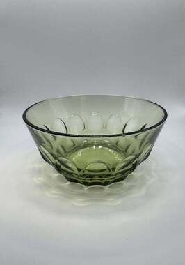 Vintage Avocado Green Pressed Glass Thumbprint Bowl 5" Retro MCM
